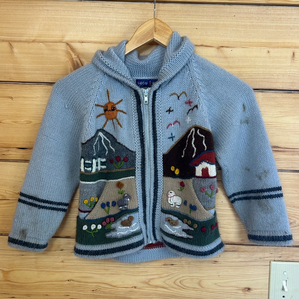 Vintage Kids Cottagecore Gray Grey Knit Sweater Farmhouse Jacket Zip‎ Up 4T-5T